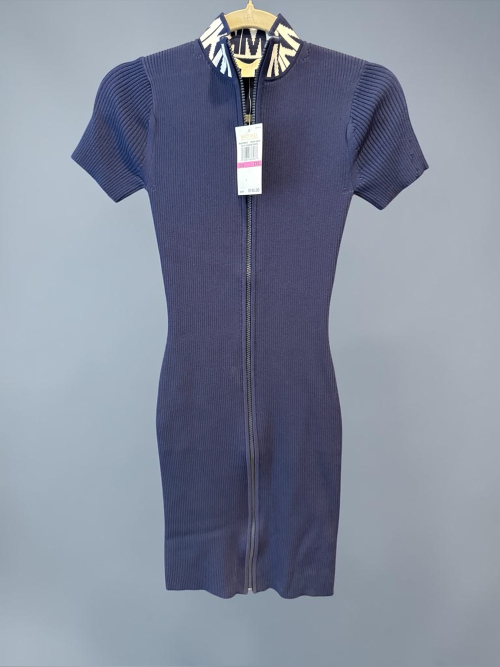 NewMichael Kors Navy Ribbed Zip-Front  Dress with Contrast Logo Collar Orig $195